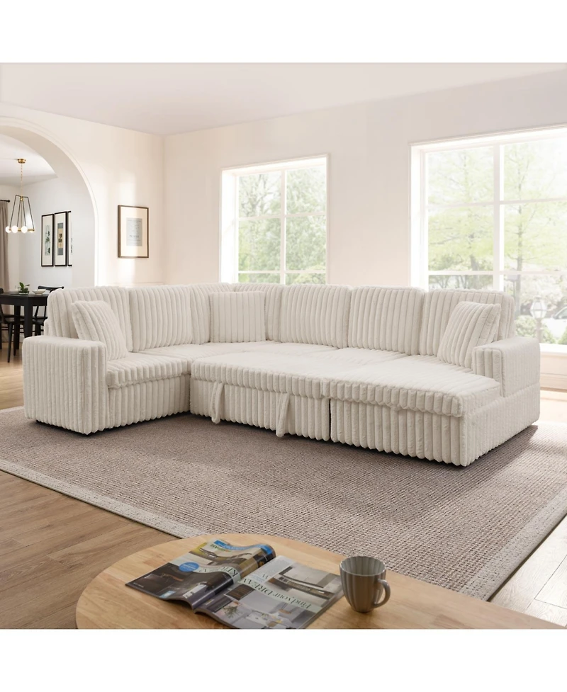 Streamdale Furniture Streamdale Beige Corduroy Striped U-shaped Sofa with Pull-out Bed & Storage Chaise