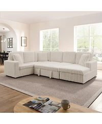 Streamdale Furniture Streamdale Beige Corduroy Striped U-shaped Sofa with Pull-out Bed & Storage Chaise