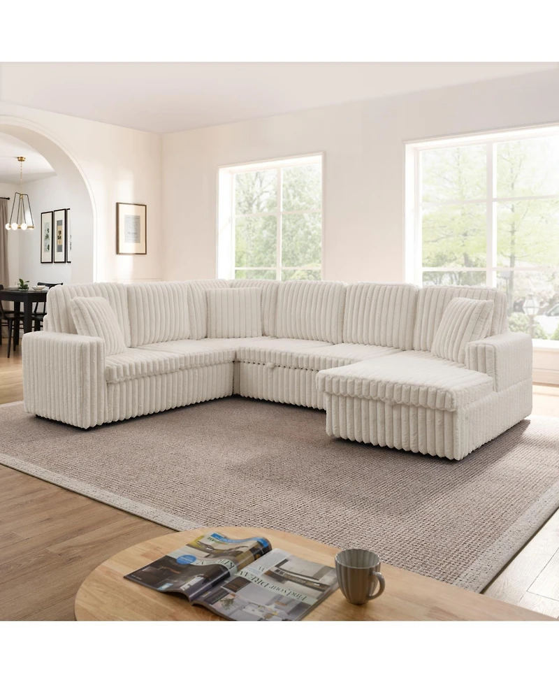Streamdale Furniture Streamdale Beige Corduroy Striped U-shaped Sofa with Pull-out Bed & Storage Chaise