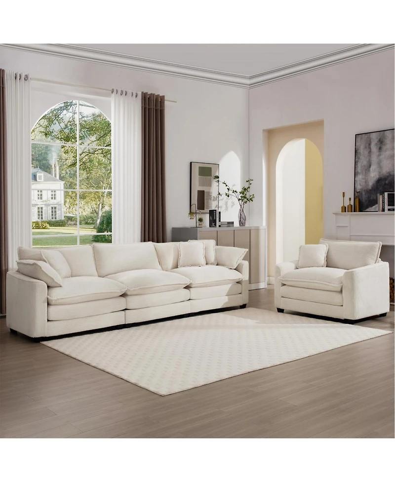 Streamdale Furniture Mid-Century Modern 2-Piece Sofa Set: 3-Seater & Chair, Light Beige Corduroy