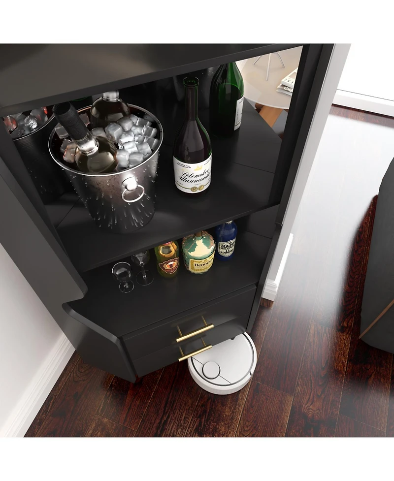 Streamdale Furniture Streamdale Wooden Corner Bar Cabinet with Shelves and Drawers, Mirrored Back - Black