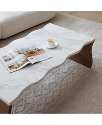Streamdale Furniture Whisper of Waves Modern Coffee Table, White Faux Marble, Walnut Brown