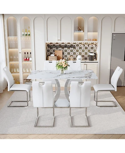 Streamdale Furniture Streamdale Luxury Modern 63" Dining Table Set w/ 6 Chairs, White Glass Top & Steel Base