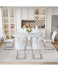 Streamdale Furniture Streamdale Luxury Modern 63" Dining Table Set w/ 6 Chairs, White Glass Top & Steel Base