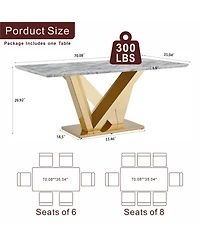 Streamdale FurnitureMarble Dining Table for 6, 70" Rectangle Faux Marble w/ Mirrored Stainless Steel Base (Gold, Gray)