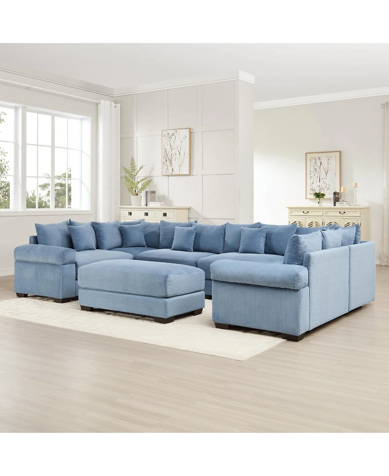 Streamdale Furniture Streamdale Oversized Cloud Modular Sectional Couch with Ottoman, Soft Corduroy, Blue