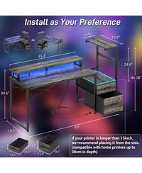 Aheaplus Gaming Desk with Outlets and Led Light, 59'' Reversible Computer File Drawers & Monitor Stand