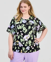 Kasper Plus Floral-Print Flutter-Sleeve Top