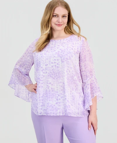 Kasper Plus Printed Ruffled-Sleeve Blouse