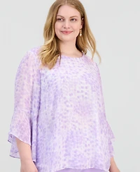 Kasper Plus Printed Ruffled-Sleeve Blouse