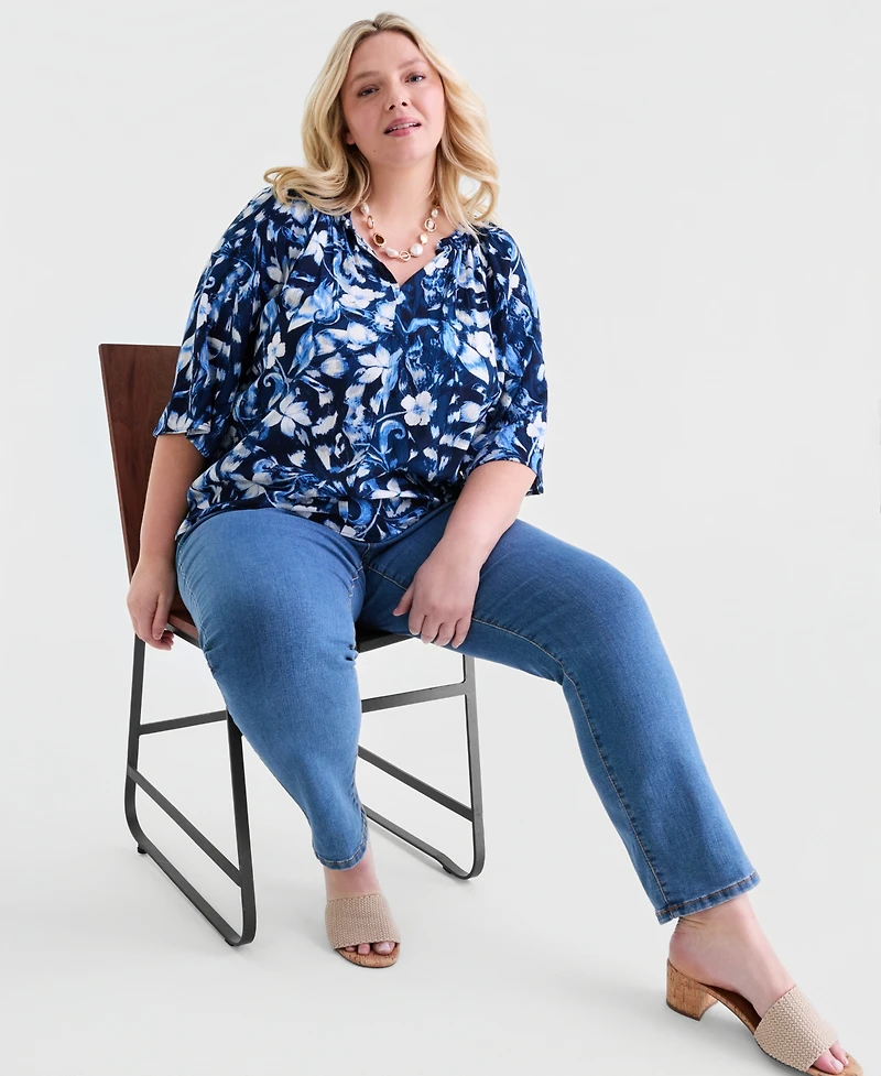 Style & Co Plus Printed Flutter-Sleeve Top, Macy's Exclusive