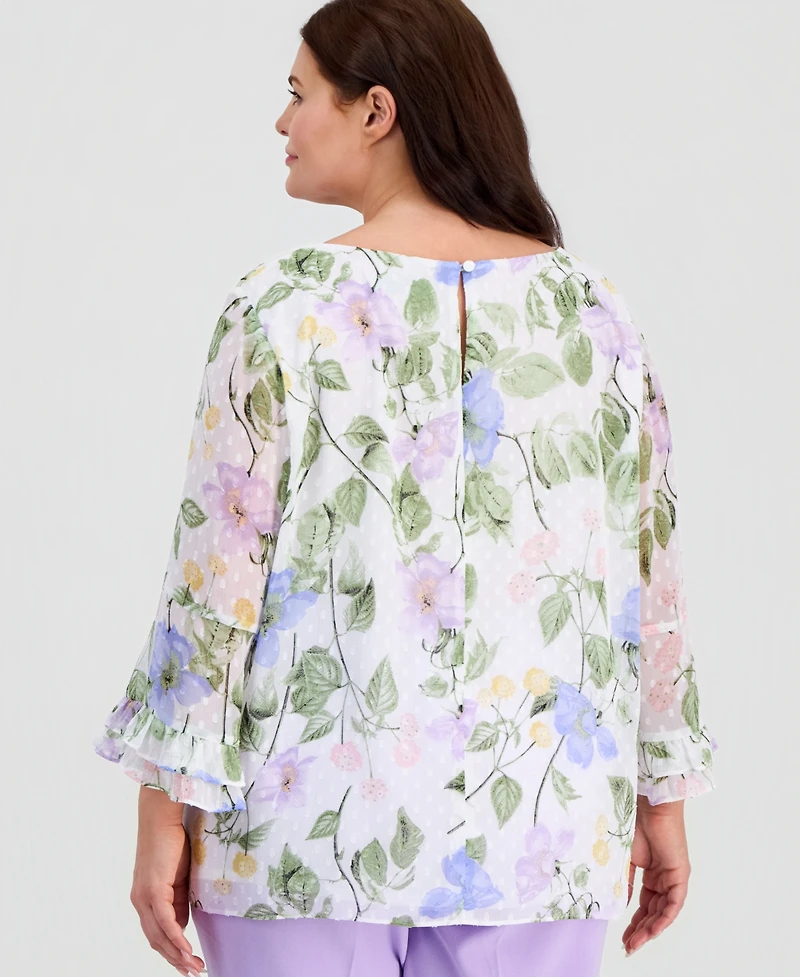 Kasper Plus Floral Clip-Dot Flounce-Sleeve Blouse