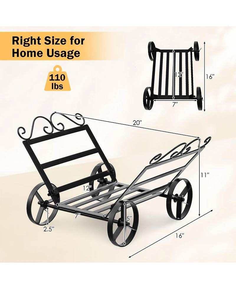 Sugift Firewood Rack Decorative Rustproof Steel Fireplace Log Holder with Wheels