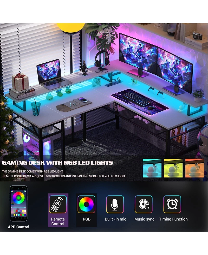 Aheaplus L Shaped Computer Desk with Power Outlets, 55 Inch Corner Desk with Led Lights, Monitor Stand and Shelves, Reversible