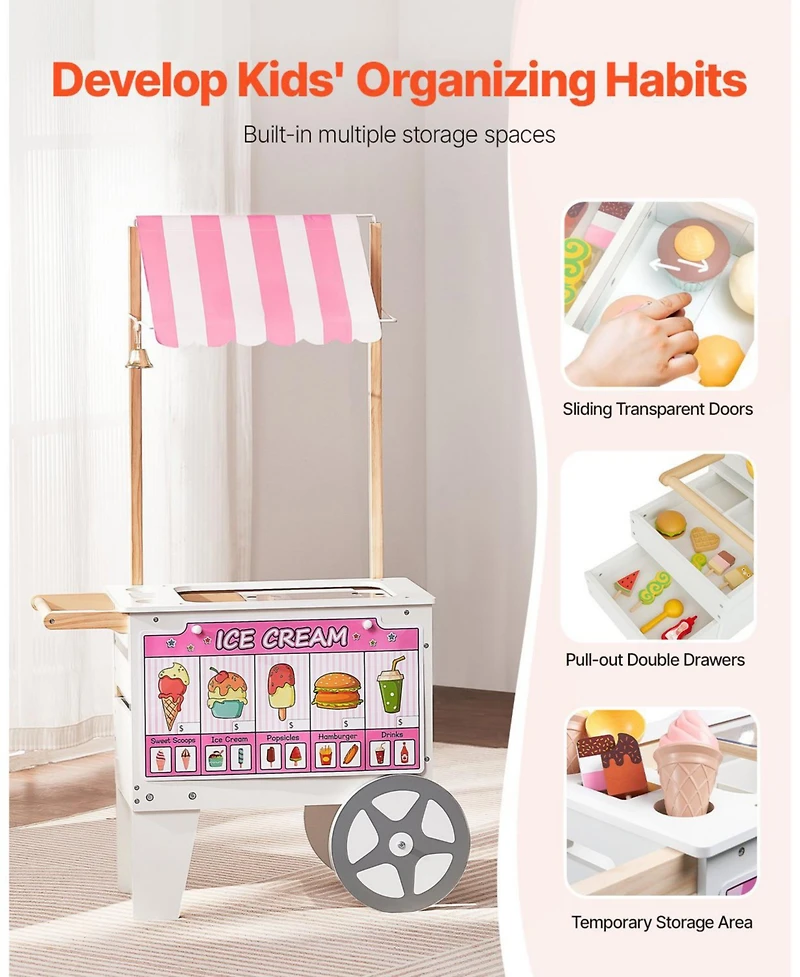 Mecale Kids Ice Cream Cart Pretend Play Toy Set with 20+ Pcs Accessories