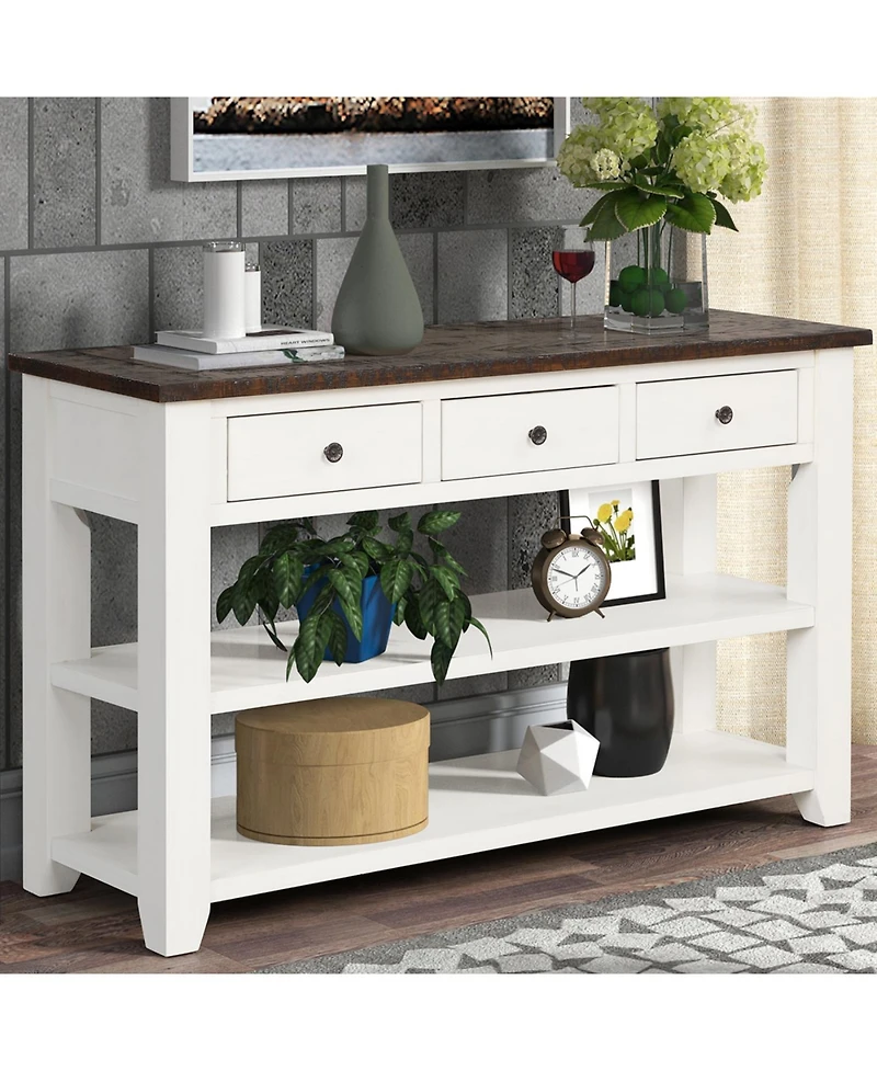 Streamdale Furniture 48" Solid Pine Wood Top Console Table with 3 Drawers & 2 Shelves (Antique White/Brown)