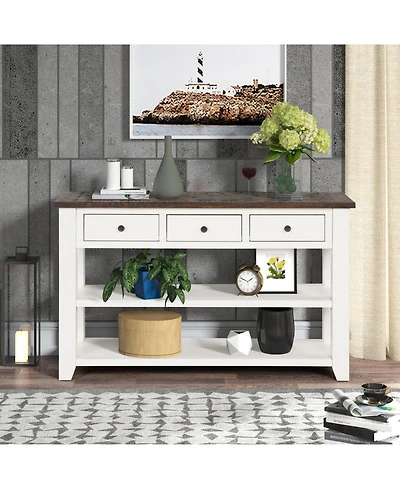 Streamdale Furniture 48" Solid Pine Wood Top Console Table with 3 Drawers & 2 Shelves (Antique White/Brown)