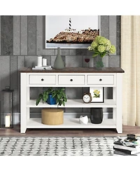 Streamdale Furniture 48" Solid Pine Wood Top Console Table with 3 Drawers & 2 Shelves (Antique White/Brown)