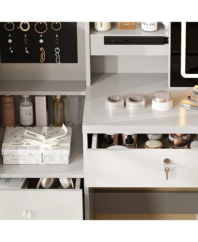 Streamdale Furniture Vanity Desk Set with Lighted Mirror, 4 Drawers, 9 Storage Spaces & Stool, White