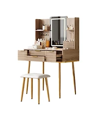 Streamdale Furniture Streamdale 4-Drawer Vanity Desk with Led Mirror & Carved Details, Makeup Table with Stool