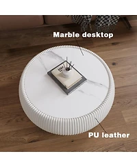 Streamdale Furniture Light Marble Top Leather Drum Coffee Table for Living Room