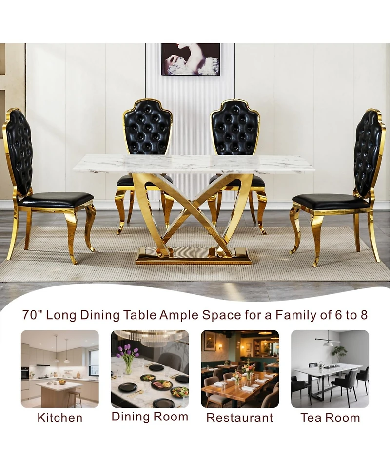 Streamdale Furniture Marble Dining Table for 6, 70" Faux Marble Rectangle Table with Mirrored Stainless Steel Base (Gold, White)