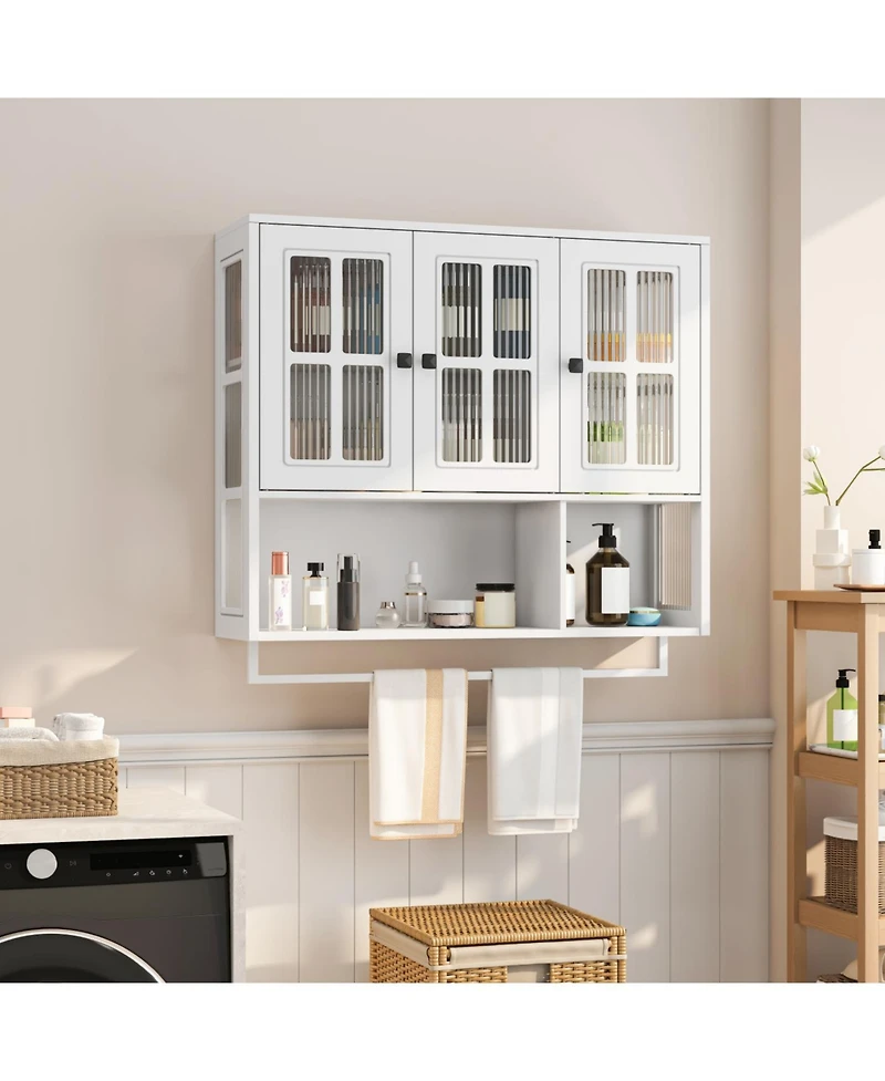 Streamdale Furniture Bathroom Wall Cabinet, 3-Door Wooden Cabinet with Open/Hidden Storage, White