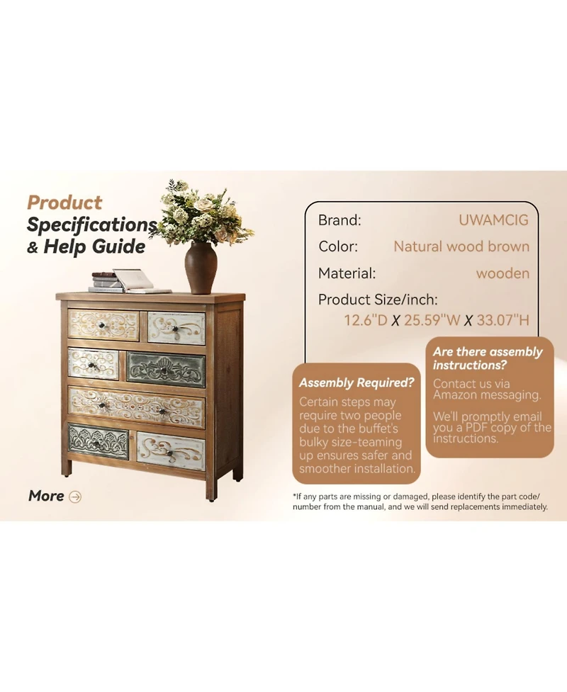 Streamdale Furniture Vintage Wooden 6-Drawer Accent Chest - Rustic Multicolor Carved Storage Dresser