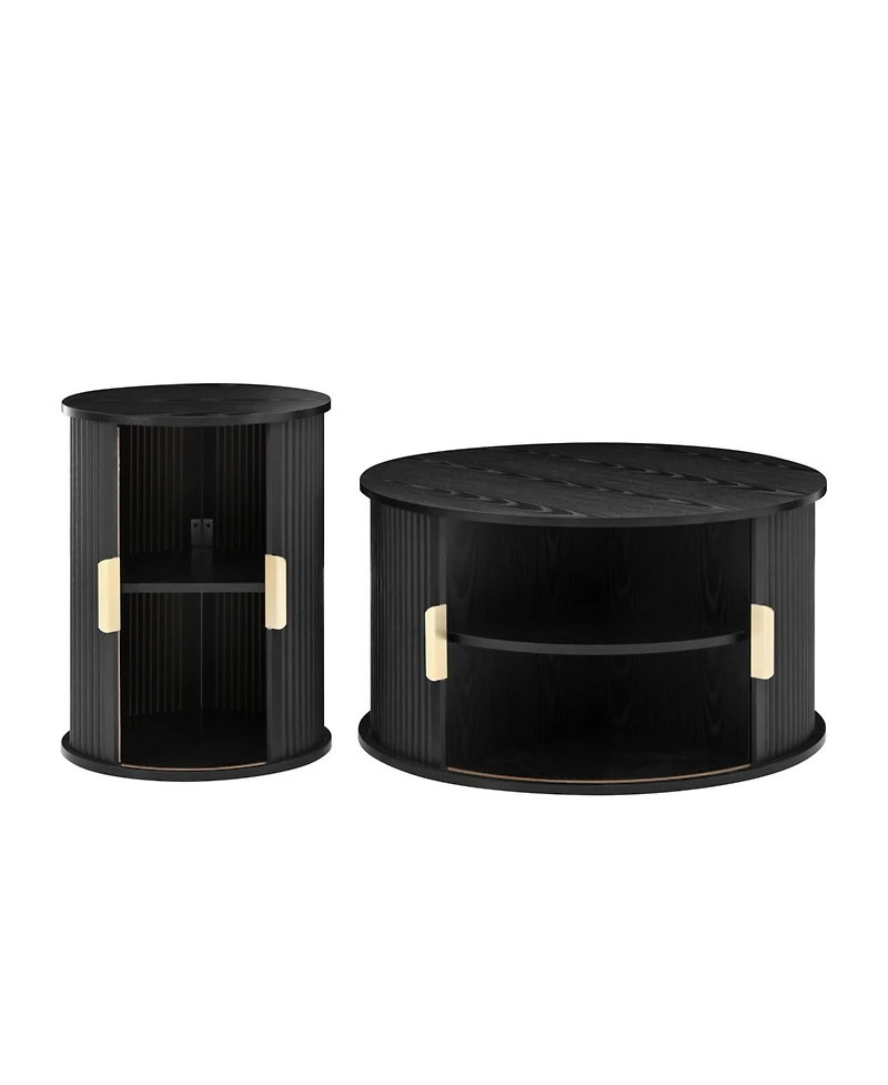 Streamdale Wooden Tv Stand & Coffee Table Set with Fluted Doors, Golden Handles, Black