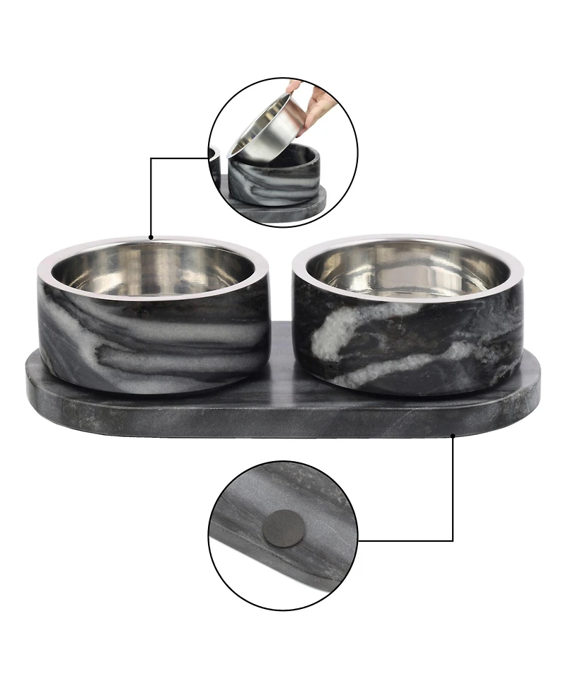The Licker Store Marbre Small/Medium Modern Weighted Double Marble and Stainless Steel Bowl 12oz (1.5 Cups) Feeder with Non-Slip Tray Set