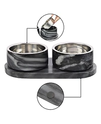 The Licker Store Marbre Small/Medium Modern Weighted Double Marble and Stainless Steel Bowl 12oz (1.5 Cups) Feeder with Non-Slip Tray Set