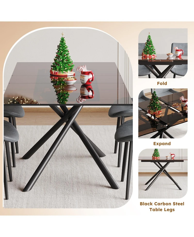 Streamdale Furniture 59-inch Expandable Dining Table Set with 4 Gray Chairs, Black Glass Top & X-Base