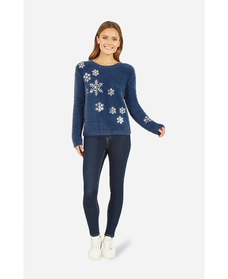Yumi Women's Sequin Snowflake Fluffy Sweater