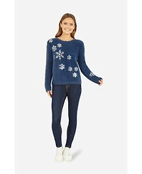 Yumi Women's Sequin Snowflake Fluffy Sweater