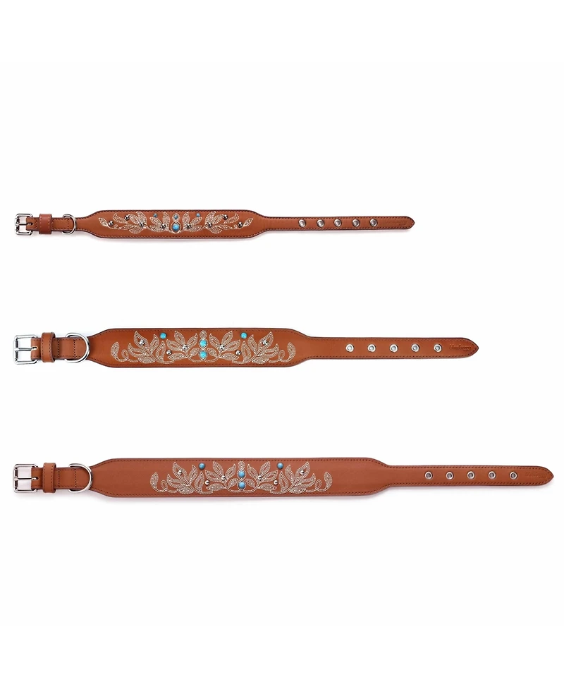 Blueberry Pet Western Style Full Grain Genuine Leather Embroidered Dog Collar with Pearl or Turquoise Studs