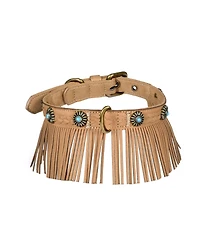 Blueberry Pet Silver-Powered Freshness Microfiber Suede Dog Collar Camel Tan – Fringed Style with Turquoise Studs