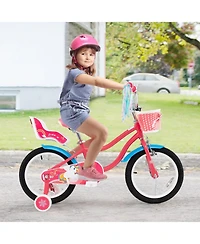 Hongge 16-Inch Girls Bike with Doll Seat, Basket, and Training Wheels for Ages 4–7 - Pink