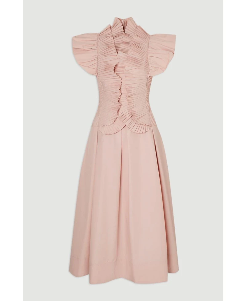 Karen Millen Women's Pleated Ruffle Sleeve Woven Midi Dress