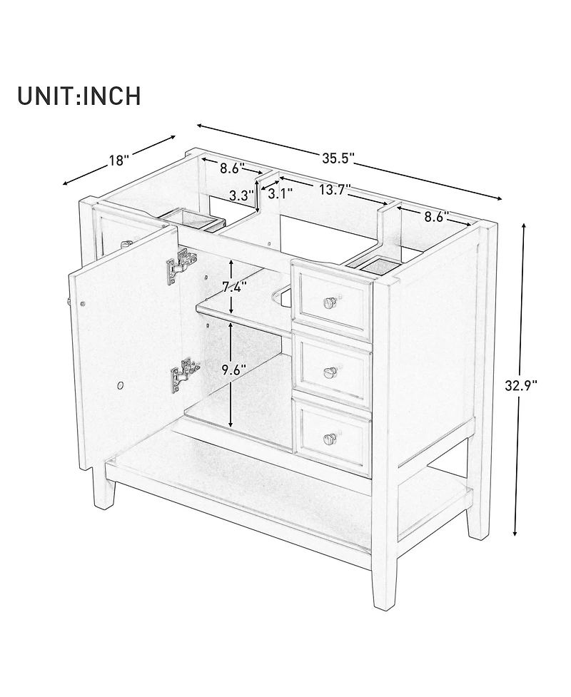 Airsurfer 36 Inch Bathroom Vanity without Sink Black Cabinet Base Only One Cabinet and Three Drawers Freestanding Storage Organizer