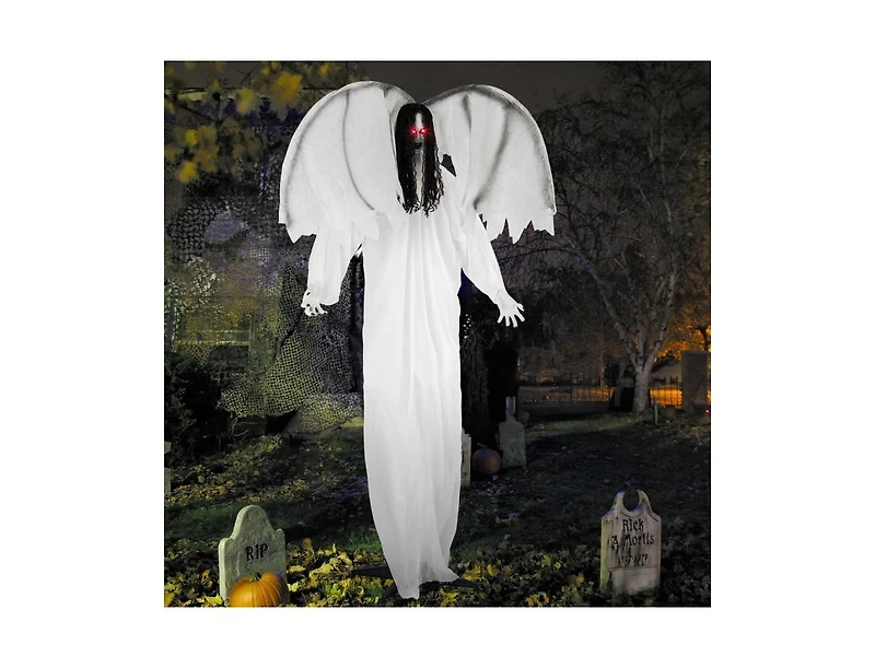 Mondawe 6.6 ft Halloween Animatronic Standing Angel with Sound-Activated Light-up Eyes and Flapping Wings