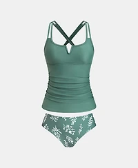 Cupshe Women's Crisscross Back Cutout Ruched Double Straps Tankini Sets