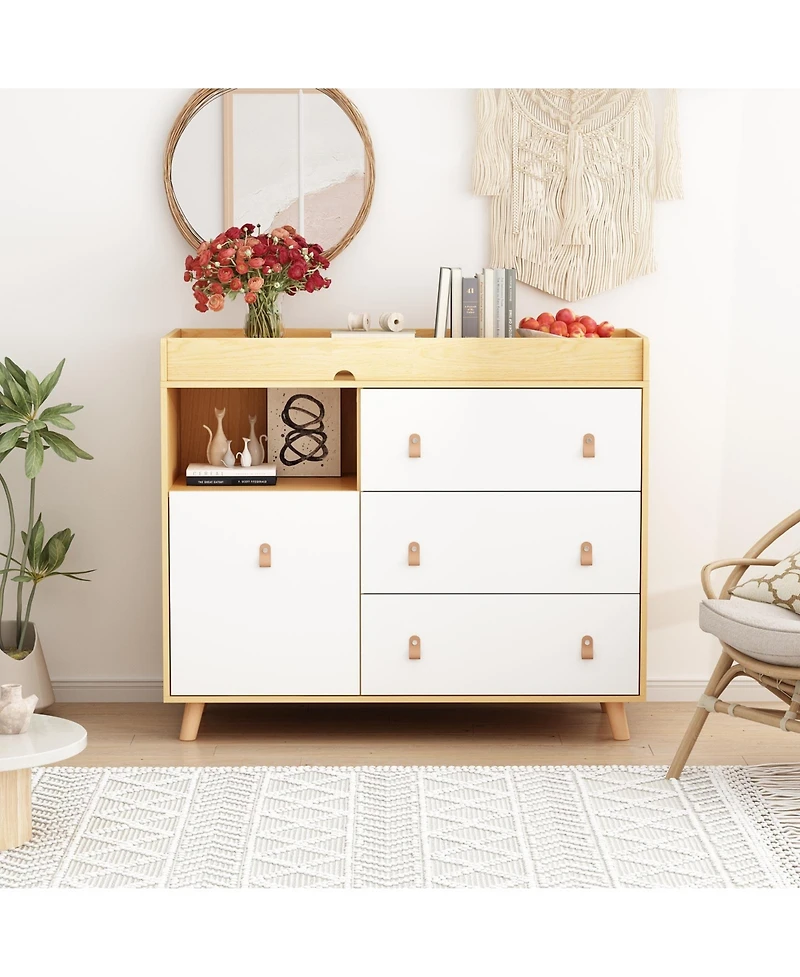 Diaper table with three drawers, baby changing station with multiple storage compartments, natural wood