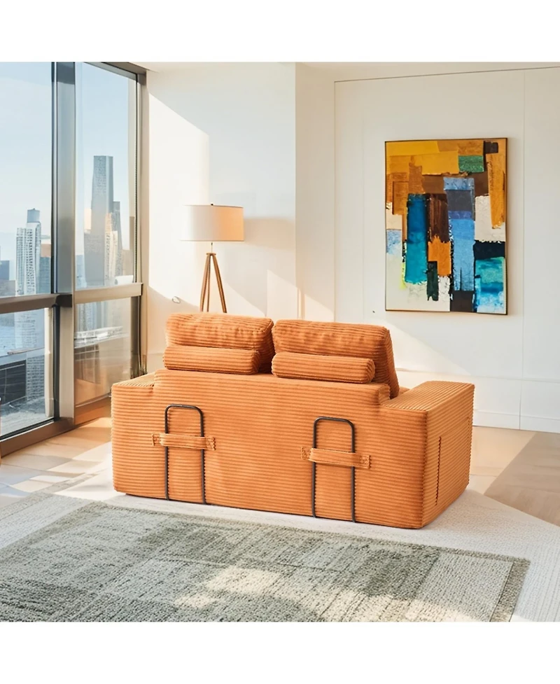 Streamdale Furniture Orange Corduroy Loveseat Sofa Bed with Memory Foam - No Assembly, Convertible (Orange)