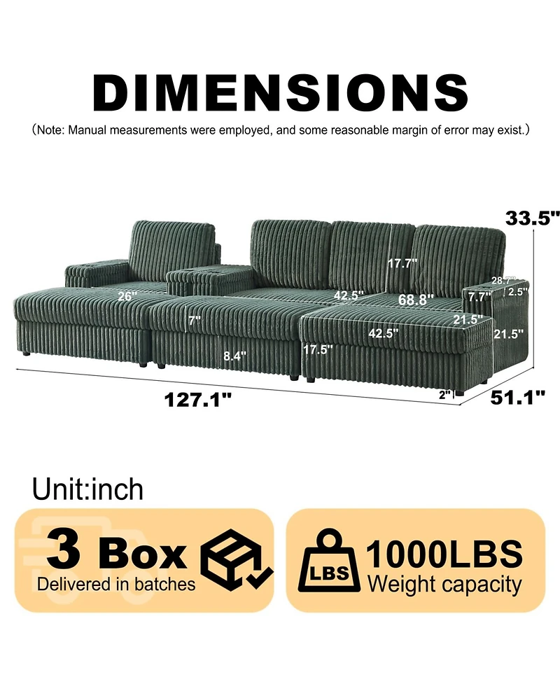 Streamdale Furniture Streamdale Corduroy 3-Seater Sofa with Cup Holders for Living Room