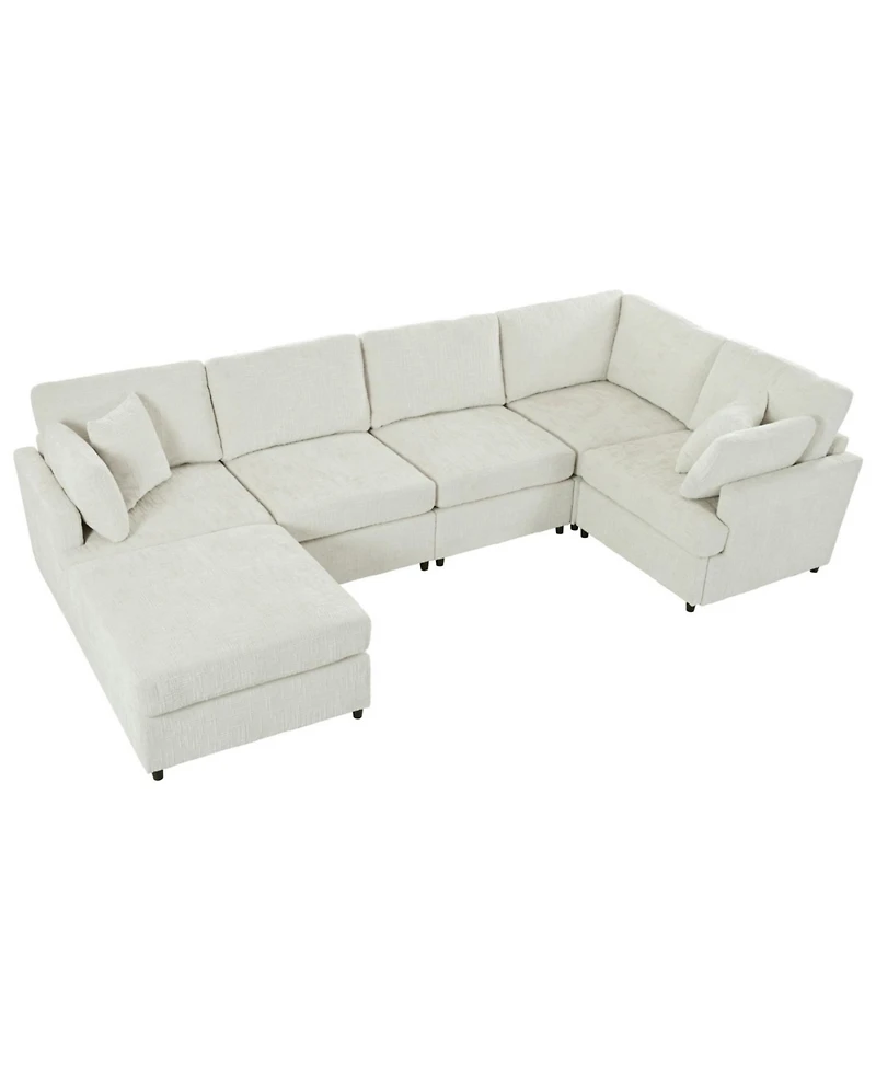 Streamdale Furniture U-Shaped Sectional Sofa with Movable Ottoman, 6-Piece Chenille Set