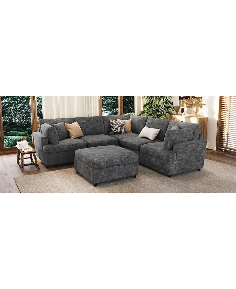 Streamdale Furniture U-Shaped Sectional Sofa with Movable Ottoman, 6-Piece Chenille Set