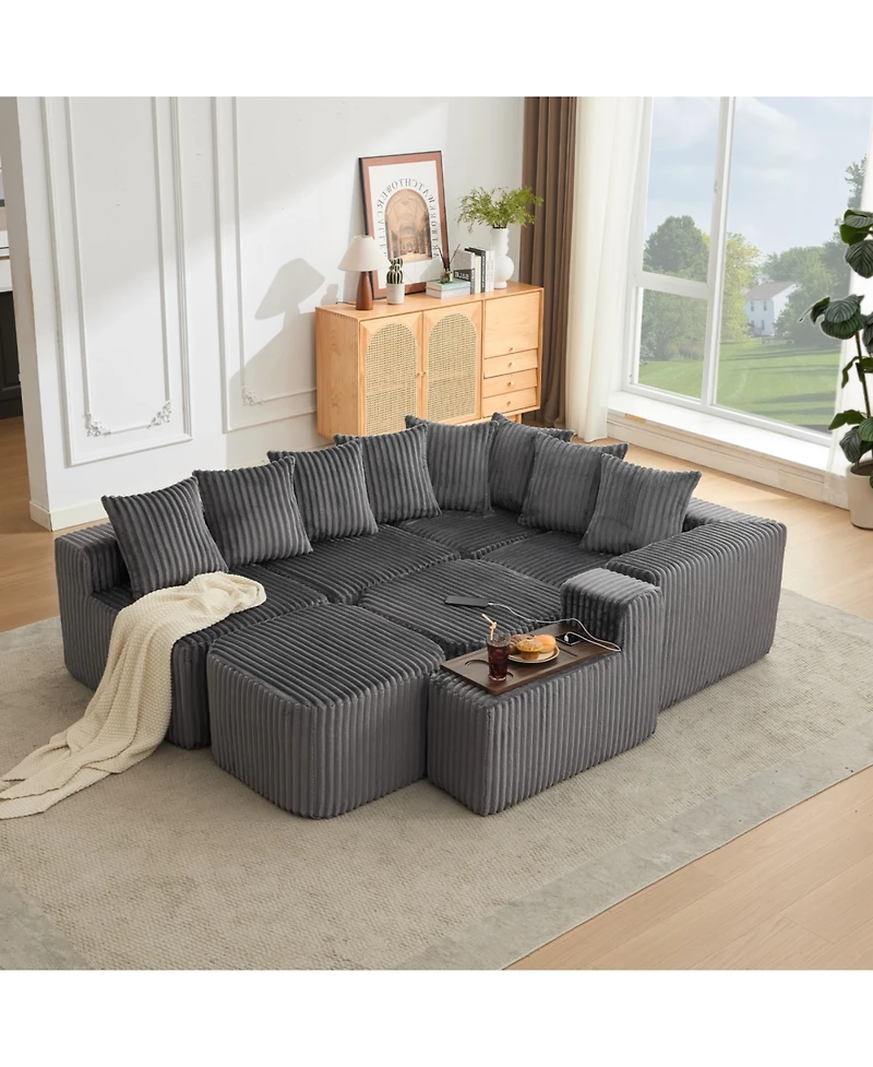 Streamdale Furniture Streamdale U-Shaped Sofa, Usb/Wireless Charge, Cup Holder, Movable, Gray Corduroy