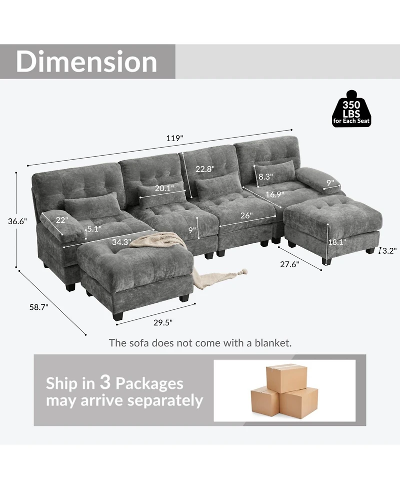 Streamdale Furniture Streamdale 119" 4-Seater Sofa w/ 2 Ottomans, Adj. Backrest, 350lb/Seat, Chenille