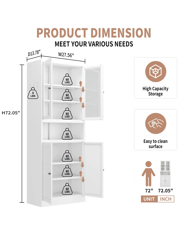 Streamdale Furniture Metal Kitchen Pantry Cabinet - 72" Tall Storage with Adjustable Shelves (White)