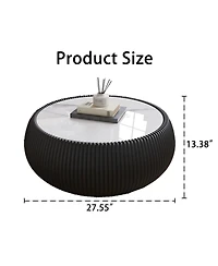 Streamdale Furniture Streamdale Light Marble Top Leather Drum Coffee Table for Living Room